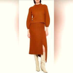 Tibi Rust Merino Wool Ribbed Knit Sweater and Skirt Set, Size L